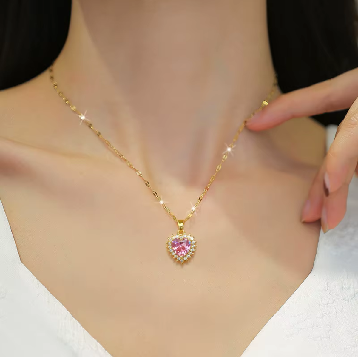Stainless Steel Heart Necklace & Earrings Set with Pink Rhinestone