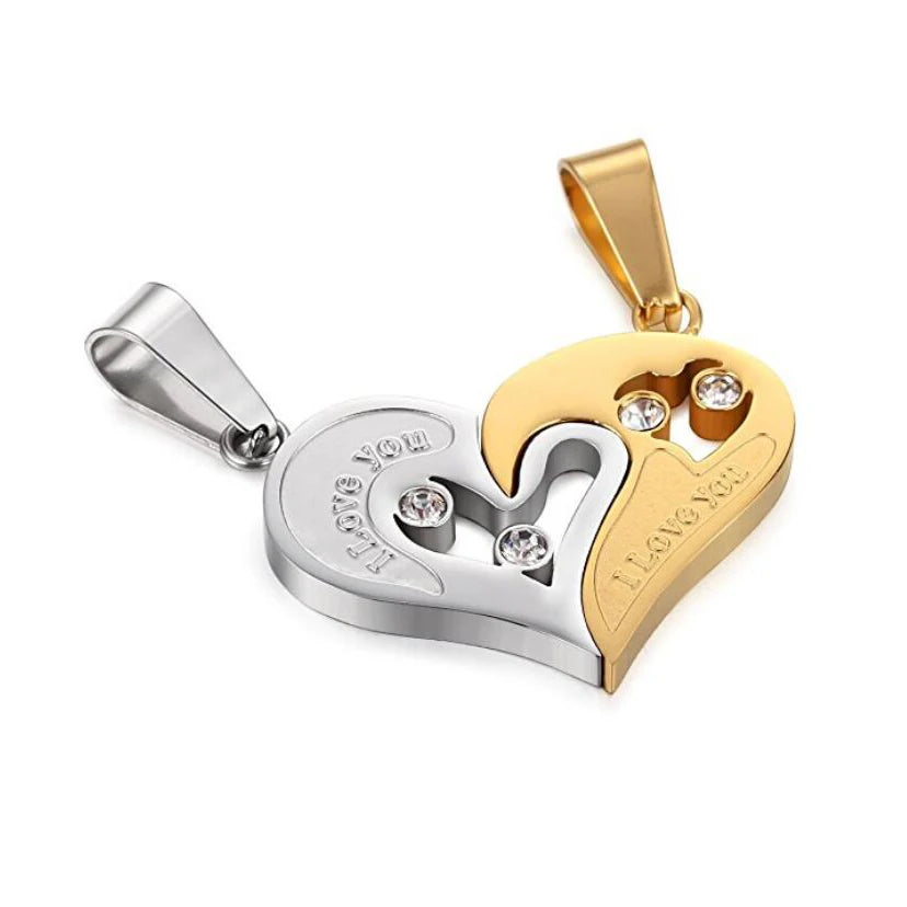 Silver & Gold Spliced Heart Couples Necklace Set