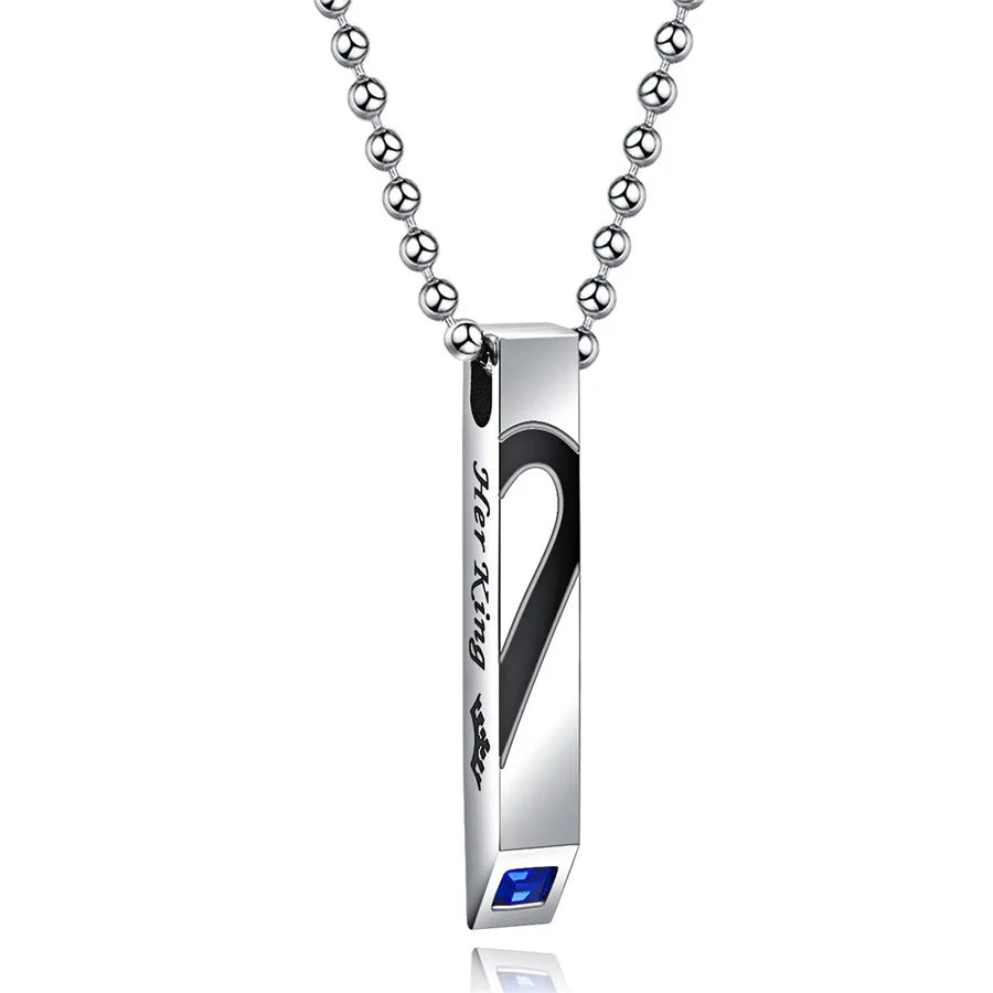 His Queen Her King Spliced Heart Couples Necklace Set