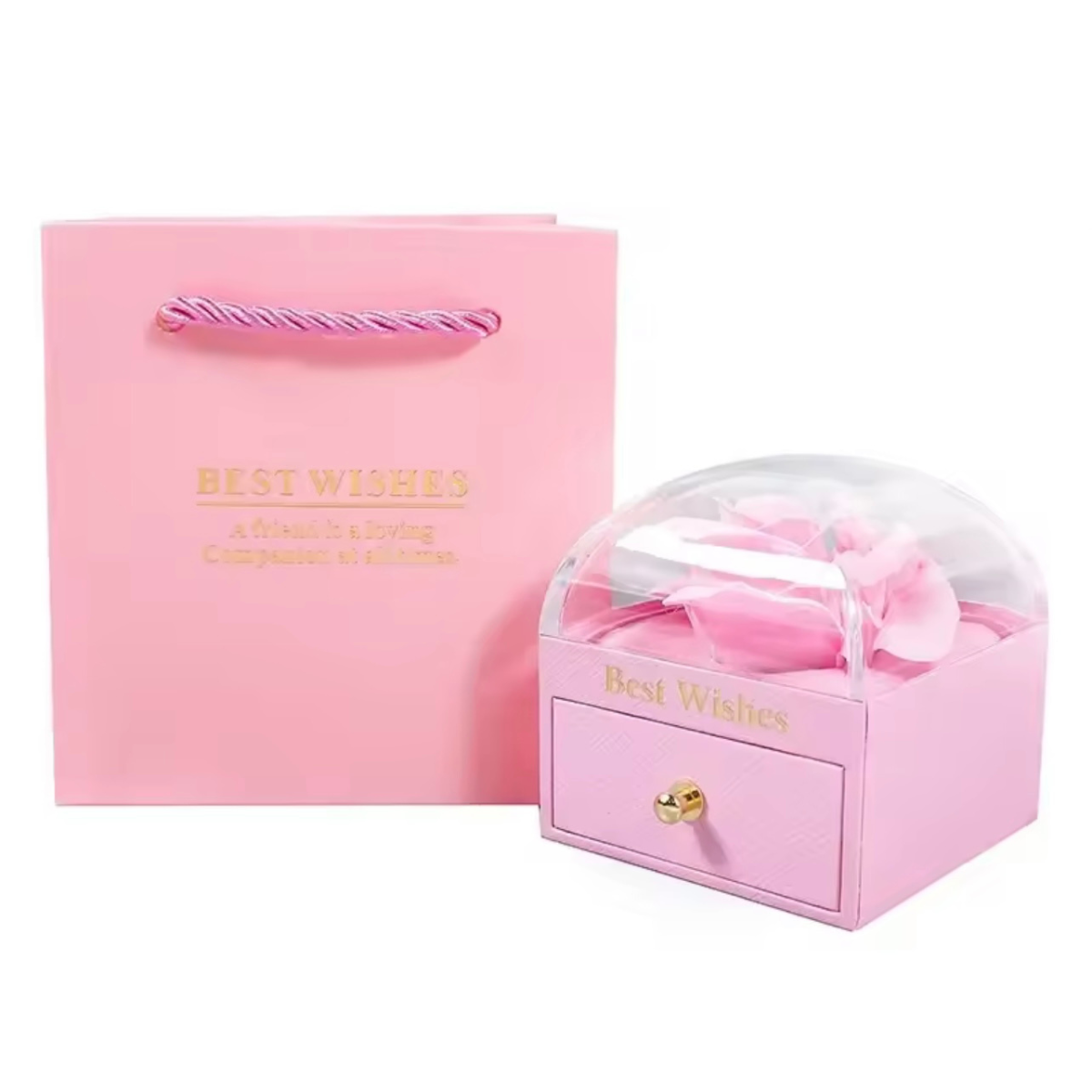 Elegant Pink Gift Box with Artificial Flower Dome & Drawer