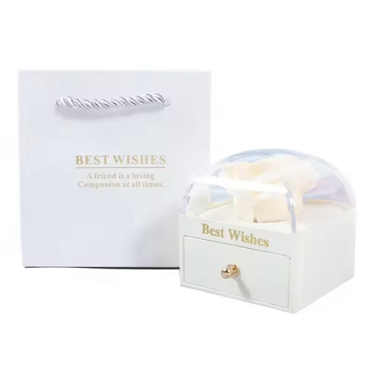 Elegant White Gift Box with Artificial Flower Dome & Drawer