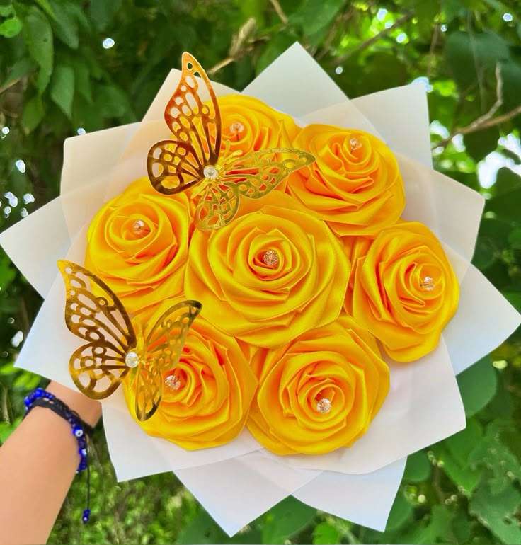 Yellow Satin Rose Bouquet with Rhinestone Pins & Butterflies