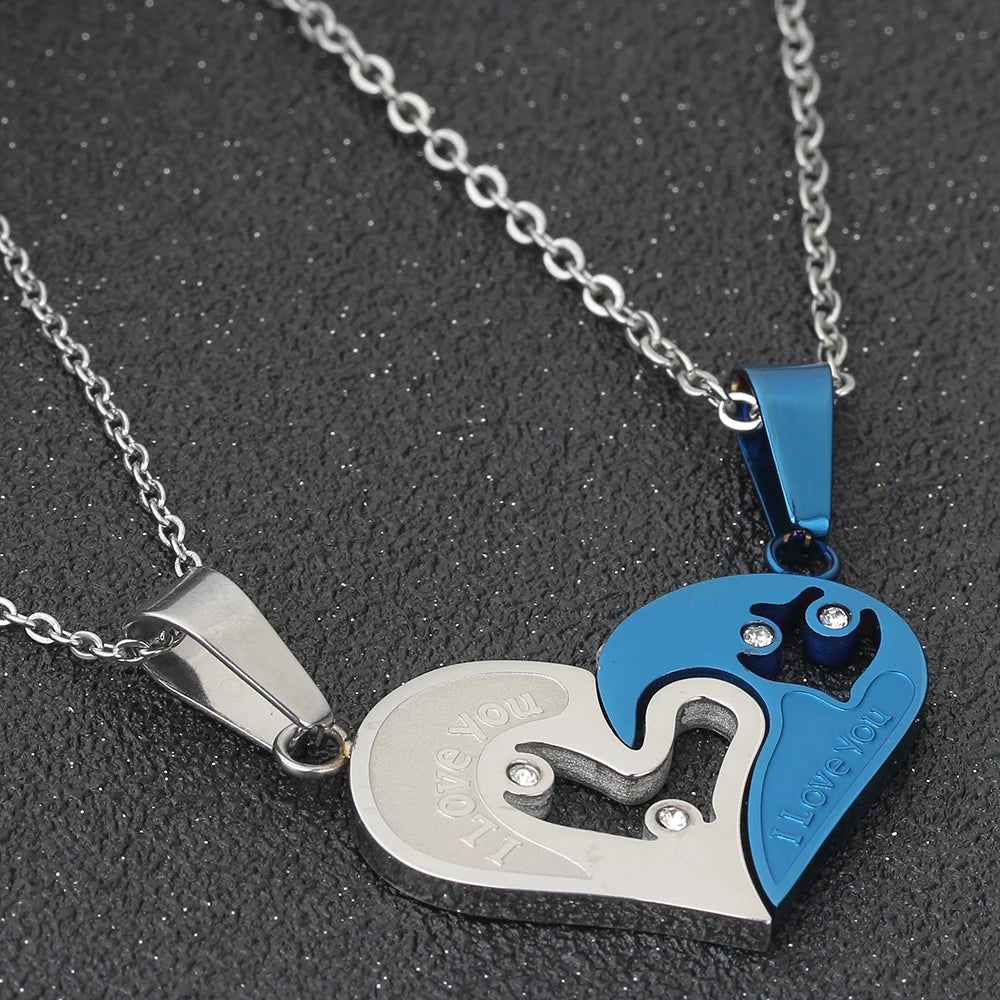 Silver & Blue Spliced Heart Couples Necklace Set