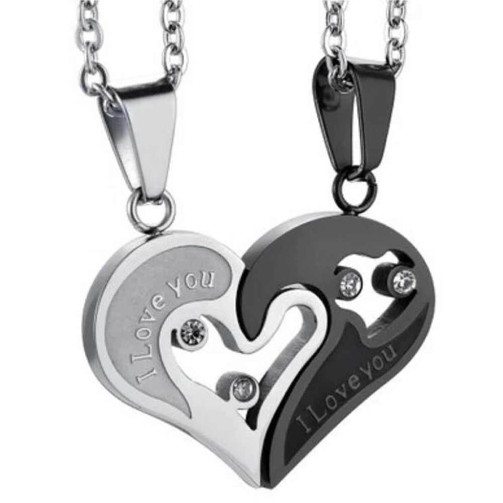 Silver & Black Spliced Heart Couples Necklace Set