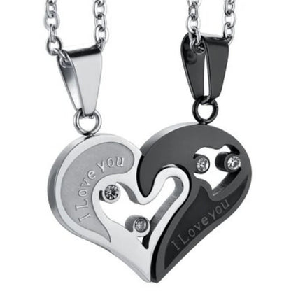 Silver & Black Spliced Heart Couples Necklace Set