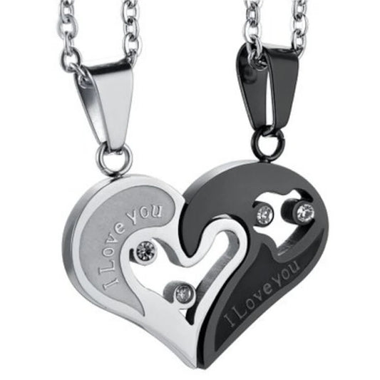 Silver & Black Spliced Heart Couples Necklace Set