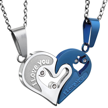 Silver & Blue Spliced Heart Couples Necklace Set