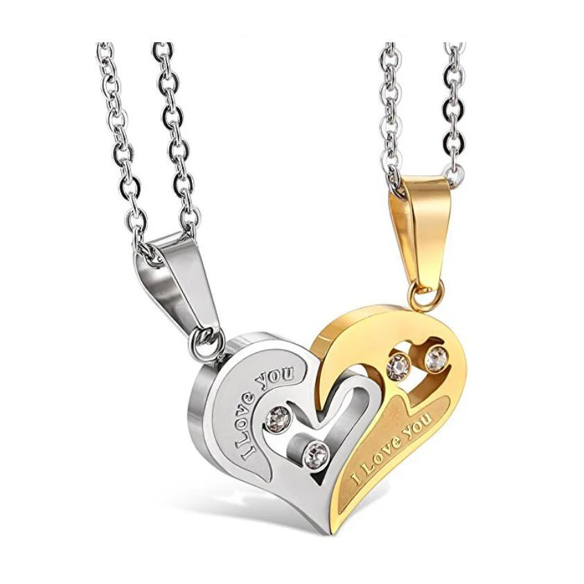 Silver & Gold Spliced Heart Couples Necklace Set