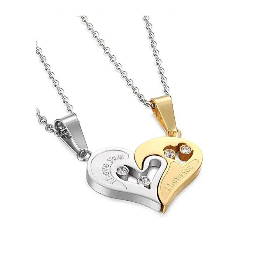 Silver & Gold Spliced Heart Couples Necklace Set