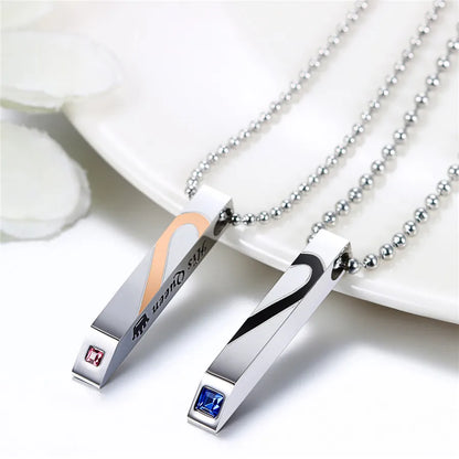 His Queen Her King Spliced Heart Couples Necklace Set