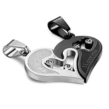 Silver & Black Spliced Heart Couples Necklace Set