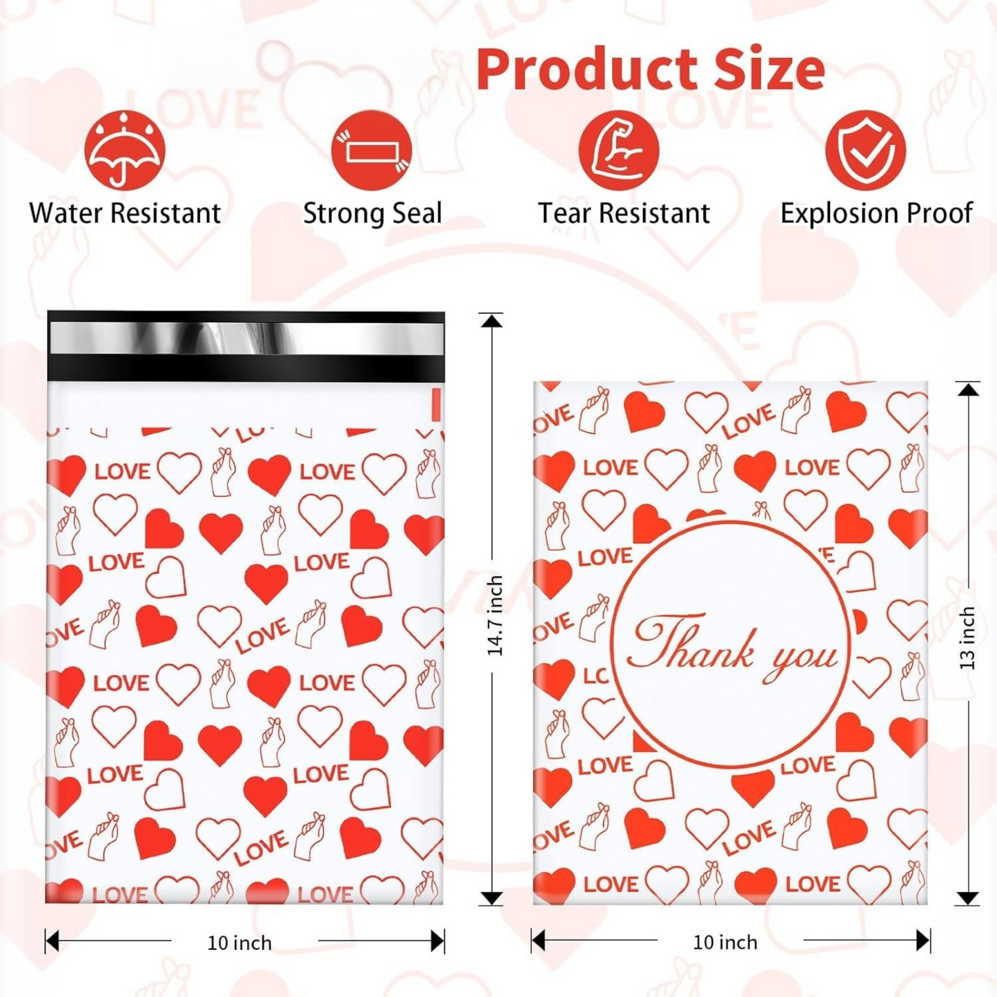 10x13 Inches Red Heart Poly Mailer Bags