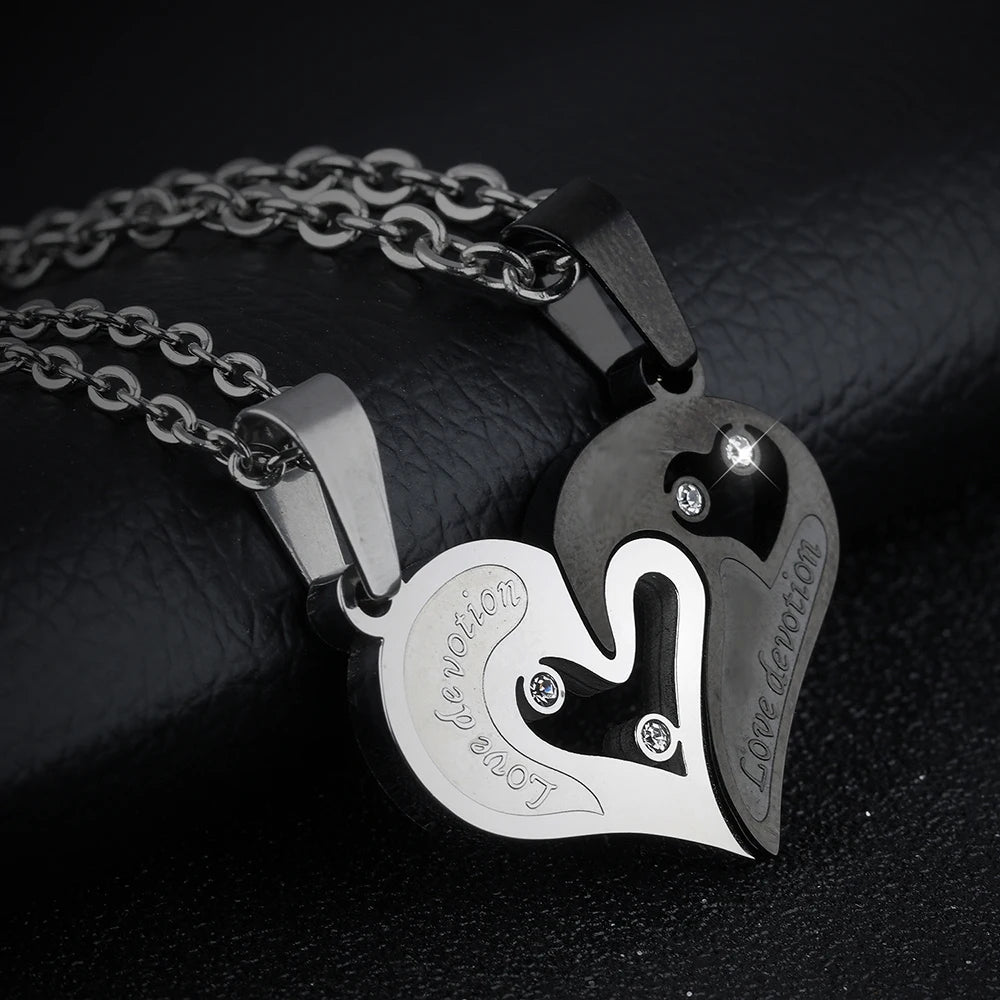 Silver & Black Spliced Heart Couples Necklace Set