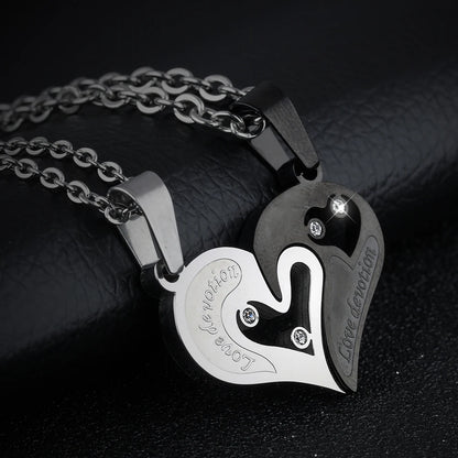 Silver & Black Spliced Heart Couples Necklace Set