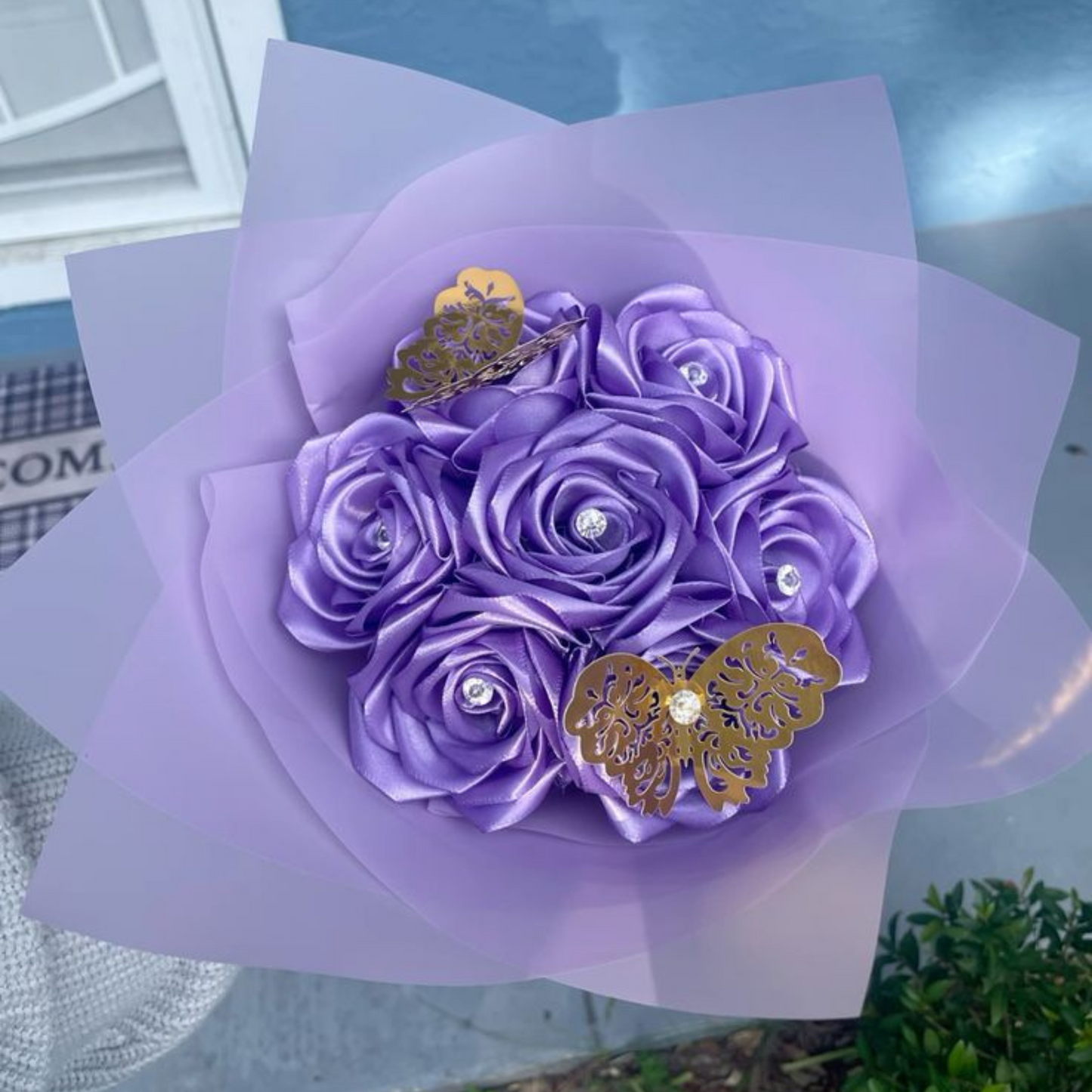 Lilac Satin Rose Bouquet with Rhinestone Pins & Butterflies