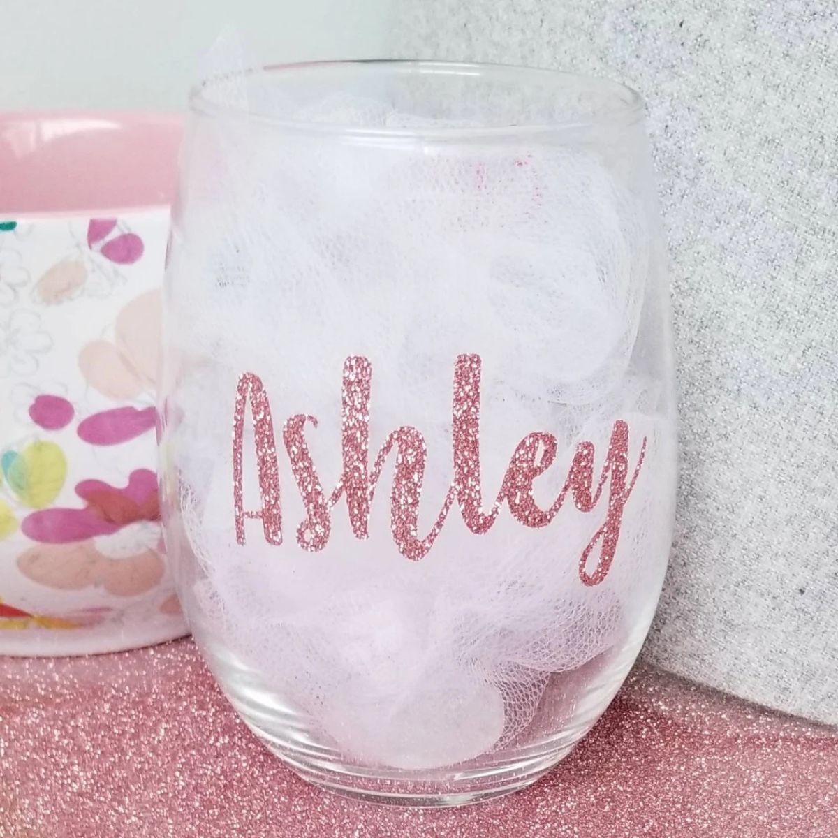 Personalized Glitter Name Stemless Glass