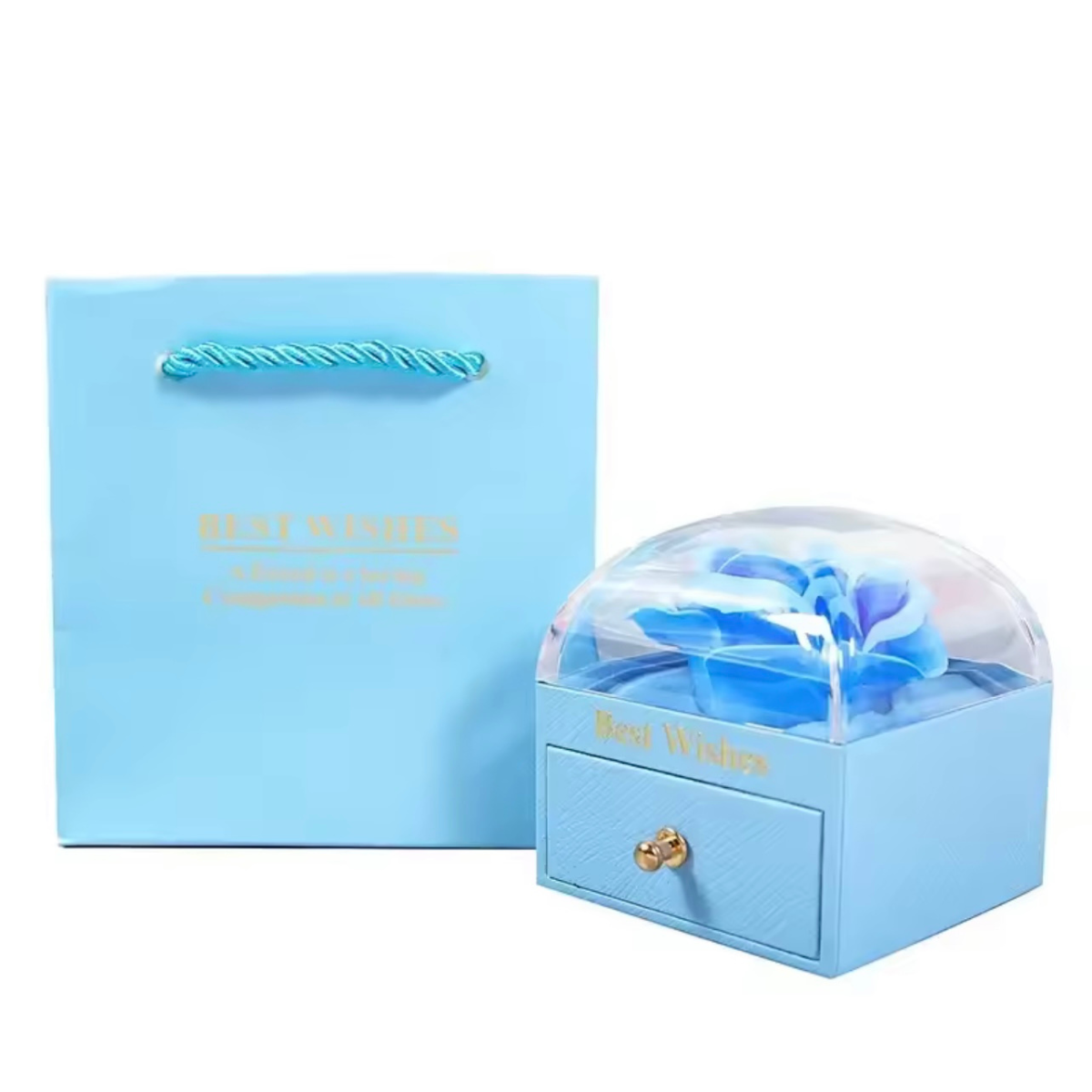 Elegant Blue Gift Box with Artificial Flower Dome & Drawer