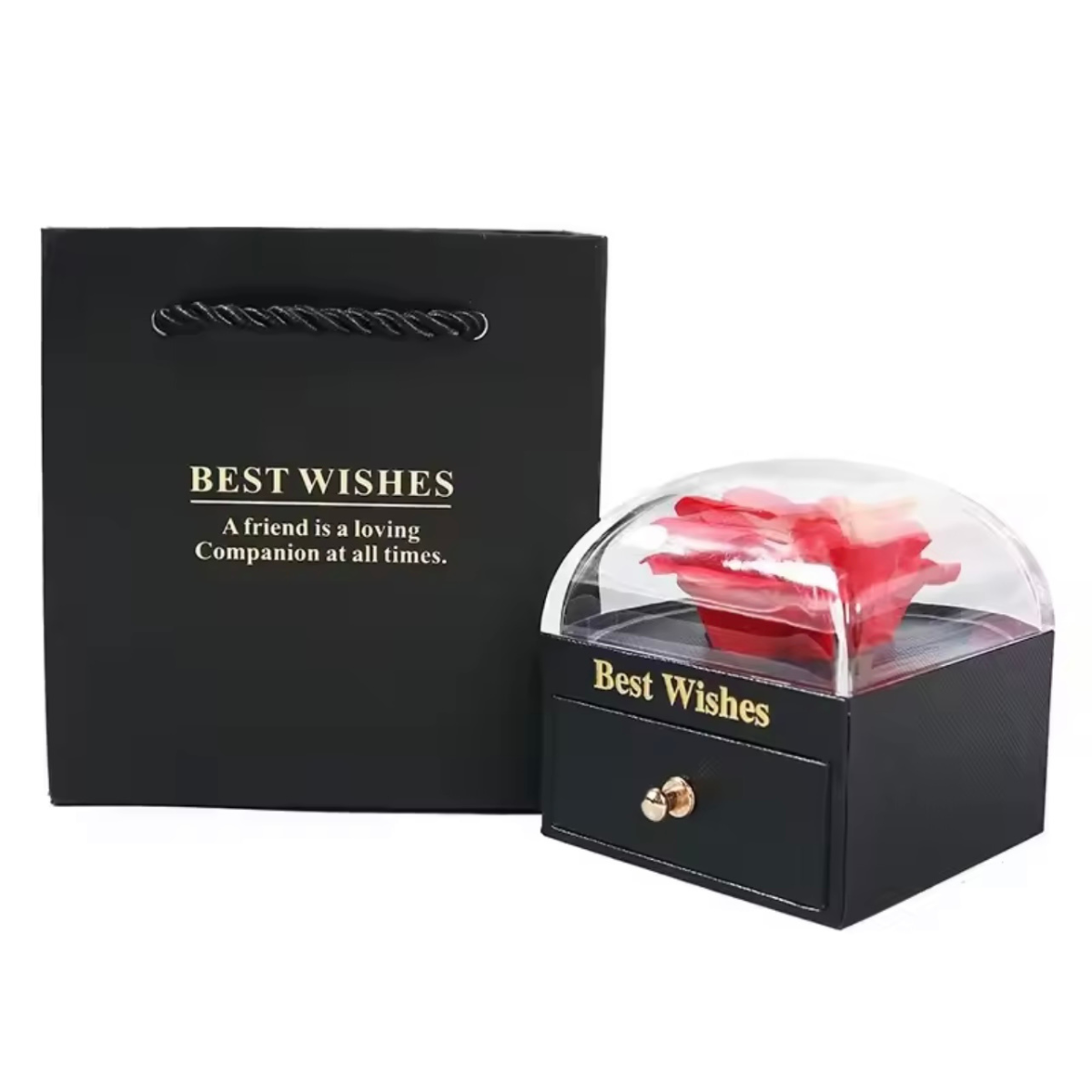 Elegant Black Gift Box with Artificial Flower Dome & Drawer