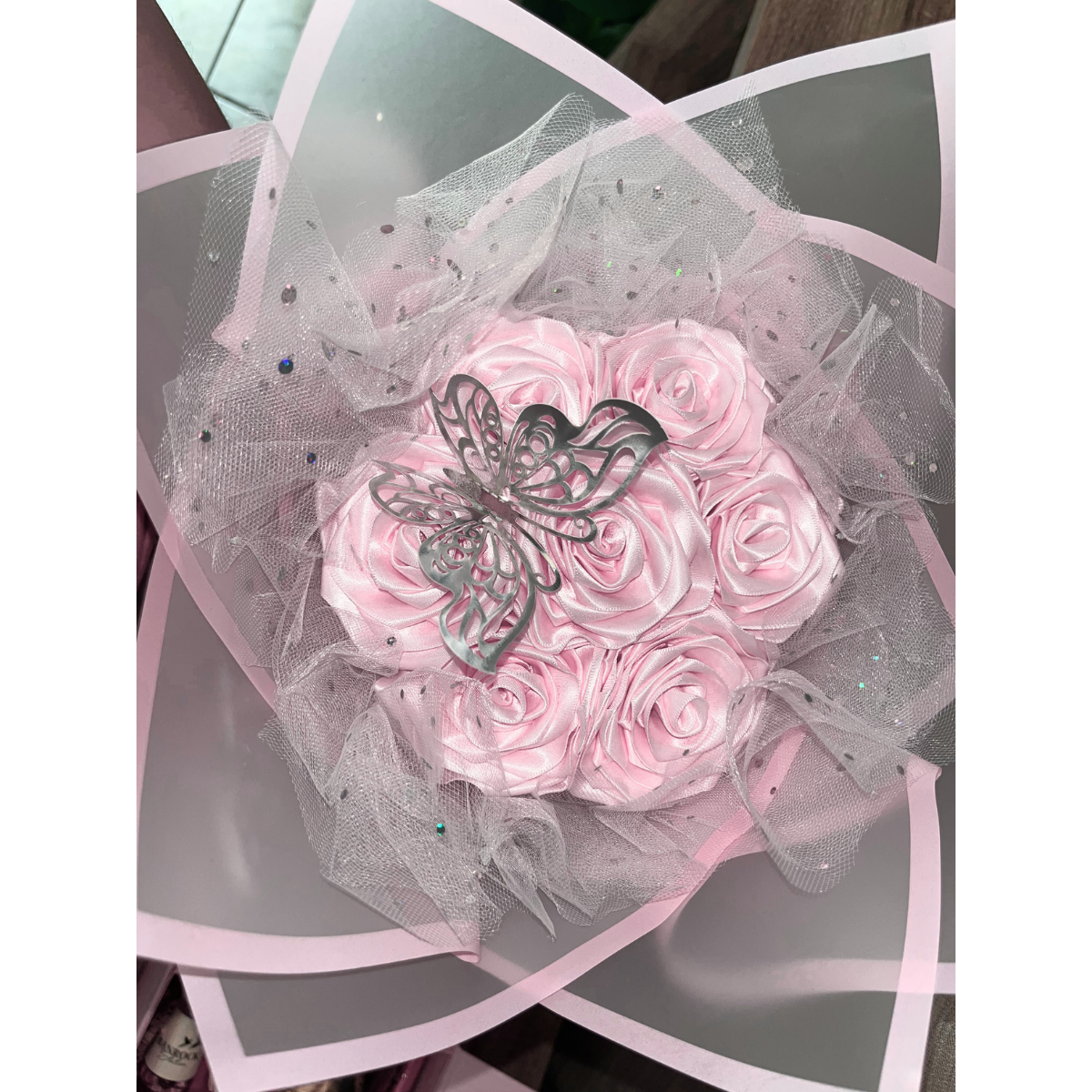 Light Pink Satin Rose Bouquet with Organza Mesh & Butterfly
