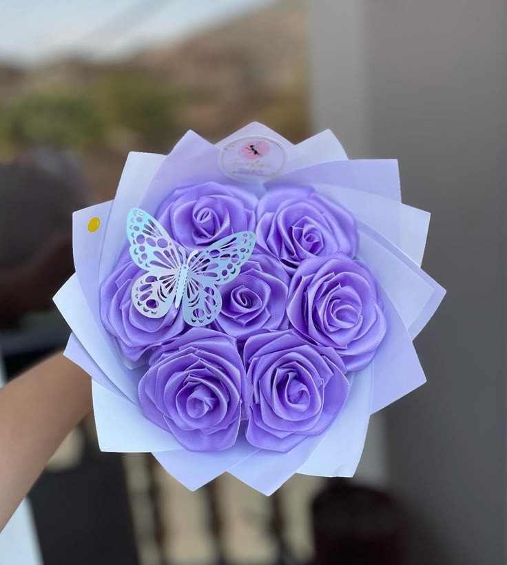Lilac Satin Rose Bouquet with Butterfly